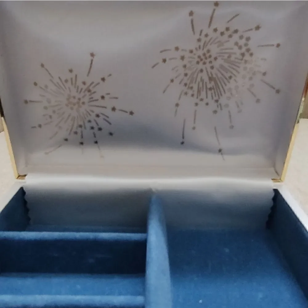Vintage White Jewelry Storage Box Gold Trim Blue Velvet Lining MCM Starburst